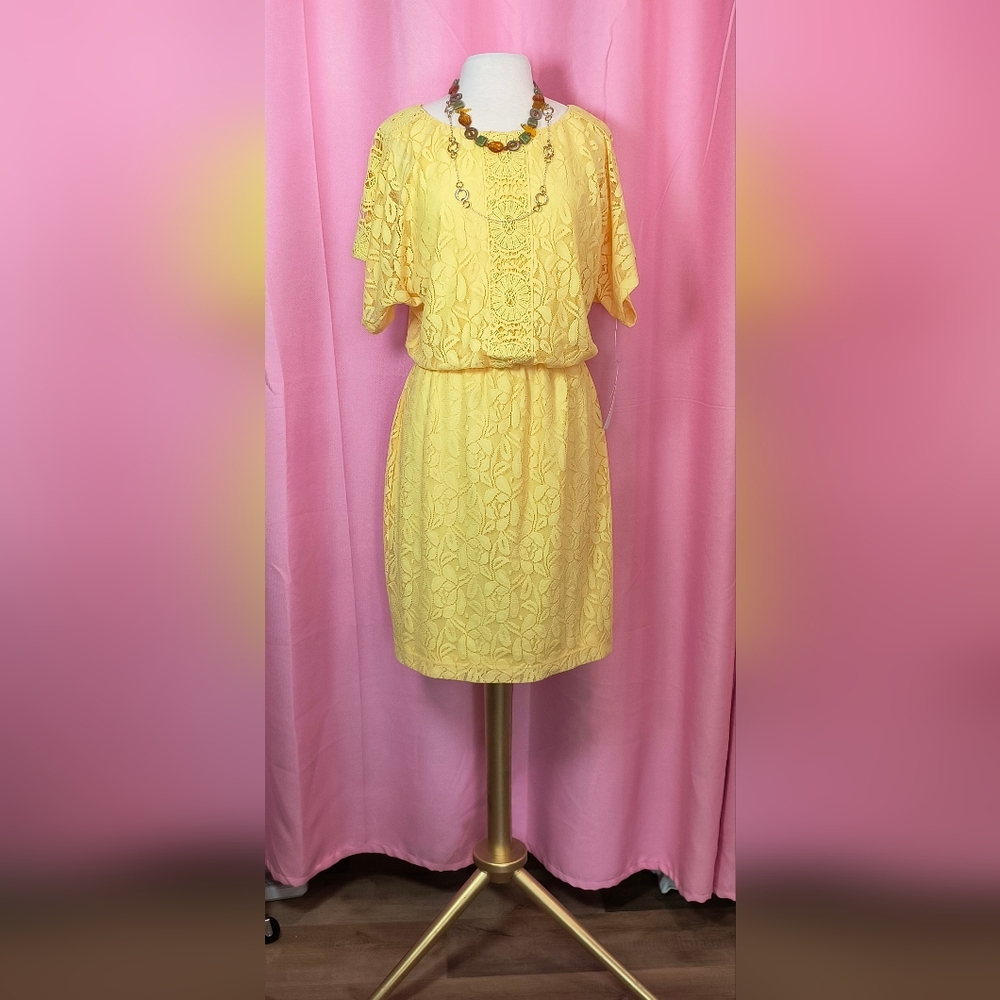 London Times Dress Yellow Lace Sheath Spring Summer Church Modest Size 10